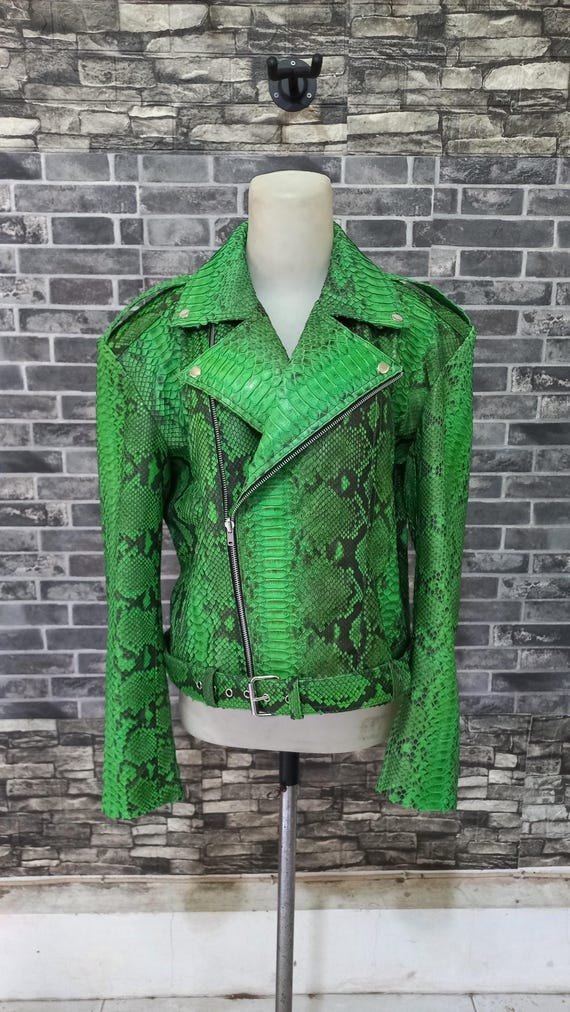 Handmade Green Python Leather Biker Jacket: Unisex Snakeskin UK
