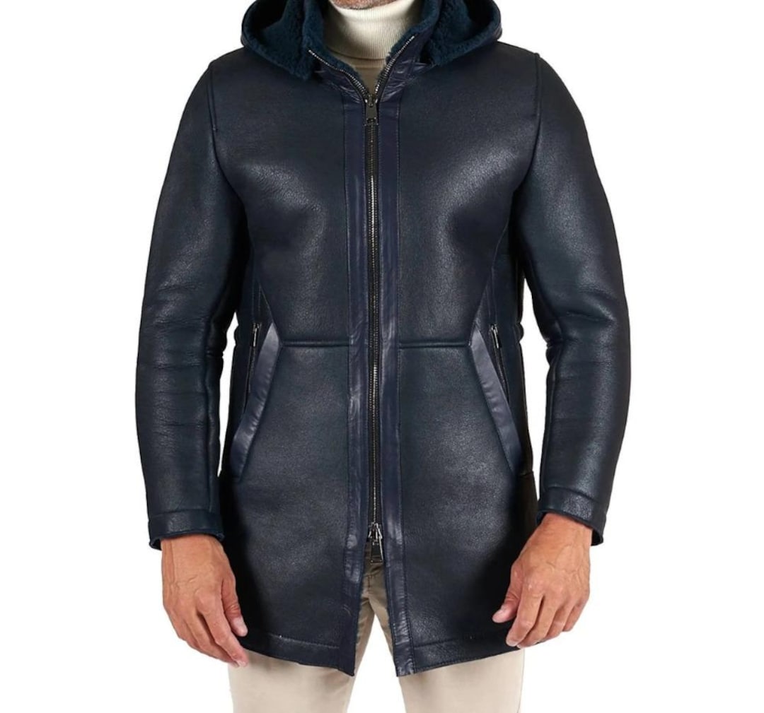 ダークブルー フード付きレザージャケット ダークブルー フード付きレザージャケット