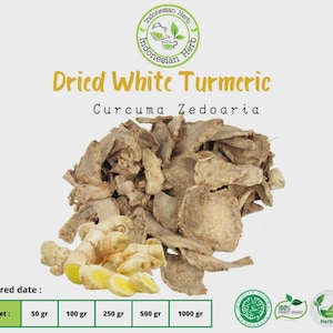 May include: Dried white turmeric, also known as Curcuma Zedoaria, is a light brown spice. The image shows a pile of dried white turmeric pieces. The image also includes text that says "Indonesian Herb" and "Dried White Turmeric Curcuma Zedoaria".