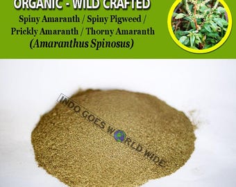 Puede incluir: Un montón de polvo finamente molido, de color marrón claro, posiblemente un producto alimenticio, se muestra sobre una superficie blanca. La imagen incluye el texto "ORGANIC - WILD CRAFTED" y enumera nombres de plantas como "Spiny Amaranth". Una imagen circular de la planta está en la parte superior derecha.