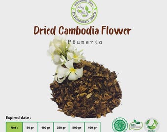 May include: A pile of dried Cambodia flowers, also known as Plumeria, with white and yellow blossoms. The image includes text that reads "Dried Cambodia Flower" and "Indonesian Herb". The product is available in various net weights, from 50 grams to 500 grams.