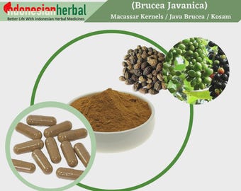 May include: Brown powder in a white bowl, brown capsules, and a close-up of brown seeds. The text (Brucea Javanica) Macassar Kernels / Java Brucea / Kosam is visible at the top of the image.