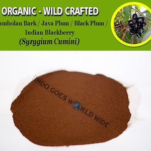 May include: A close-up of a pile of brown powder labelled "ORGANIC - WILD CRAFTED Jambolan Bark / Java Plum / Black Plum / Indian Blackberry (Syzygium Cumini)" and "INDO GOES WORLD WIDE".
