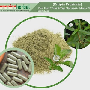 May include: Green powder, capsules, and a plant with white flowers. The plant is called Eclipta Prostrata, also known as False Daisy, Yerba de Tago, Bhringraj, Eclipta, Thistles, and Congo Lana.