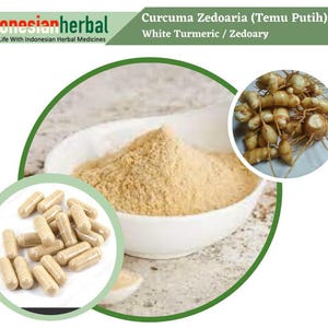 Puede incluir: Polvo de cúrcuma blanca en un tazón blanco, junto a un montón de raíz de cúrcuma blanca y cápsulas de polvo de cúrcuma blanca. El texto "Curcuma Zedoaria (Temu Putih) White Turmeric / Zedoary" está en la parte superior de la imagen.