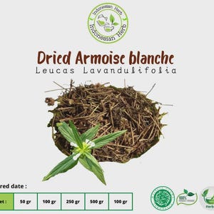 May include: Dried Armoise blanche, also known as Leucas Lavandulifolia, is displayed. The image shows a pile of dried herbs with a sprig of green leaves and white flowers. The text includes "Indonesian Herb" and net weight options.