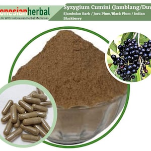 Pode incluir: Pó marrom em uma tigela de vidro com cápsulas. O pó é da casca da árvore Syzygium Cumini, também conhecida como Jambolan, Java Plum, Black Plum ou Indian Blackberry.