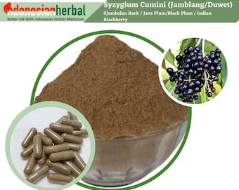 May include: Brown powder in a glass bowl with capsules. The powder is from the bark of the Syzygium Cumini tree, also known as Jambolan, Java Plum, Black Plum, or Indian Blackberry.