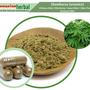 May include: A close-up of a wooden bowl filled with a light brown powder. The powder is Sambucus Javanica, also known as Chinese Elder, Elderberry, Sweet Elder, Elder Flowers, and Javanese Elder. There are also three clear capsules filled with the powder.