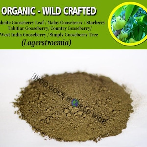 Puede incluir: Primer plano de un montón de polvo marrón, etiquetado como "INDO GOES WORLD WIDE". El polvo es orgánico y de elaboración silvestre, hecho de las hojas de la grosella de Otaheite, también conocida como grosella malaya, starberry, grosella tahitiana, grosella de campo, grosella de las Indias Occidentales, simplemente árbol de grosella o Lagerstroemia.