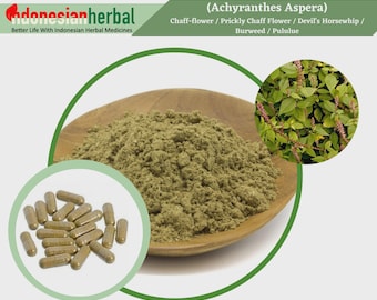 May include: Achyranthes Aspera, also known as Chaff-flower, Prickly Chaff Flower, Devil's Horsewhip, Burweed, and Pululue, is a green herb with a brown powder and capsules.