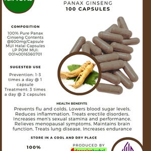 May include: A product label for idHerb Ginseng capsules. The label features the text "Ginseng Panax Ginseng 100 Capsules." The image includes a pile of brown capsules and a circular image of ginseng roots and leaves.