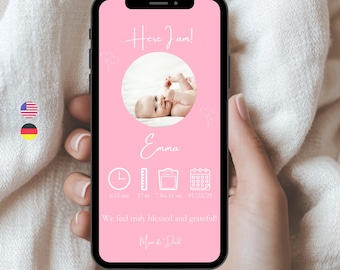 Digital Birth Announcement for Girls – Personalized Baby Birth Card for WhatsApp | Name, Weight, Height & Date | Baby Announcement Download