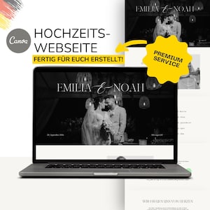 Könnte beinhalten: Ein Laptop zeigt das Design einer Hochzeitswebsite mit den Namen "EMILIA & NOAH" in eleganter Schrift. Die Website zeigt ein Schwarz-Weiß-Foto eines Paares. Der Text "20. September 2026" ist sichtbar. Das Canva-Logo ist ebenfalls vorhanden.