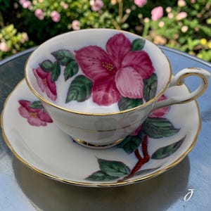 May include: A white porcelain teacup and saucer set featuring a hand-painted floral pattern of large pink hibiscus flowers with green leaves and brown stems. The rim of both the cup and the saucer is finished with a thin, reflective gold trim.