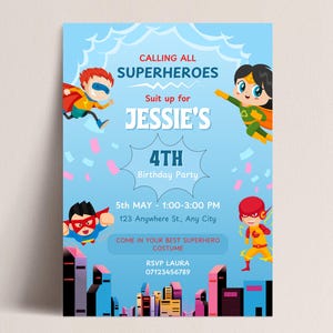 Kids Superhero birthday invitation | Kids birthday party | Superhero theme | Superheroes | Personal your invitation | Instant download