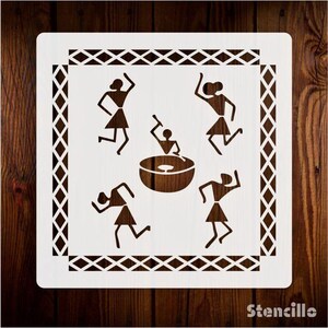 May include: A white stencil with a decorative border and five figures dancing around a drum. The figures are simple stick figures with no detail.