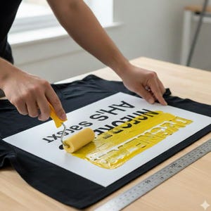 Könnte beinhalten: Ein schwarzes T-Shirt mit einer weißen Schablone und gelber Farbe, die mit einer Rolle aufgetragen wird. Die Schablone lautet "BECAUSE I NEED MORE VACATION". Ein Metalllineal liegt auf der Holzoberfläche.