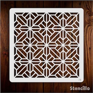 May include: A white geometric pattern stencil with a repeating design of star-like shapes. The stencil is square and has rounded corners. The word "Stencillo" is printed in the bottom right corner.