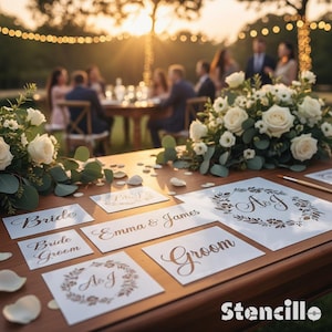 May include: A wooden table at a wedding reception, decorated with white flowers and place cards. The cards display "Bride," "Groom," and names. The word "Stencillo" is visible in the bottom right corner.