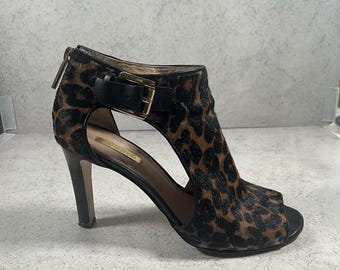 EUC Louise et Cie Leopard Animal Print Black Tan Buckle Peep Toe Heels 7.5-8