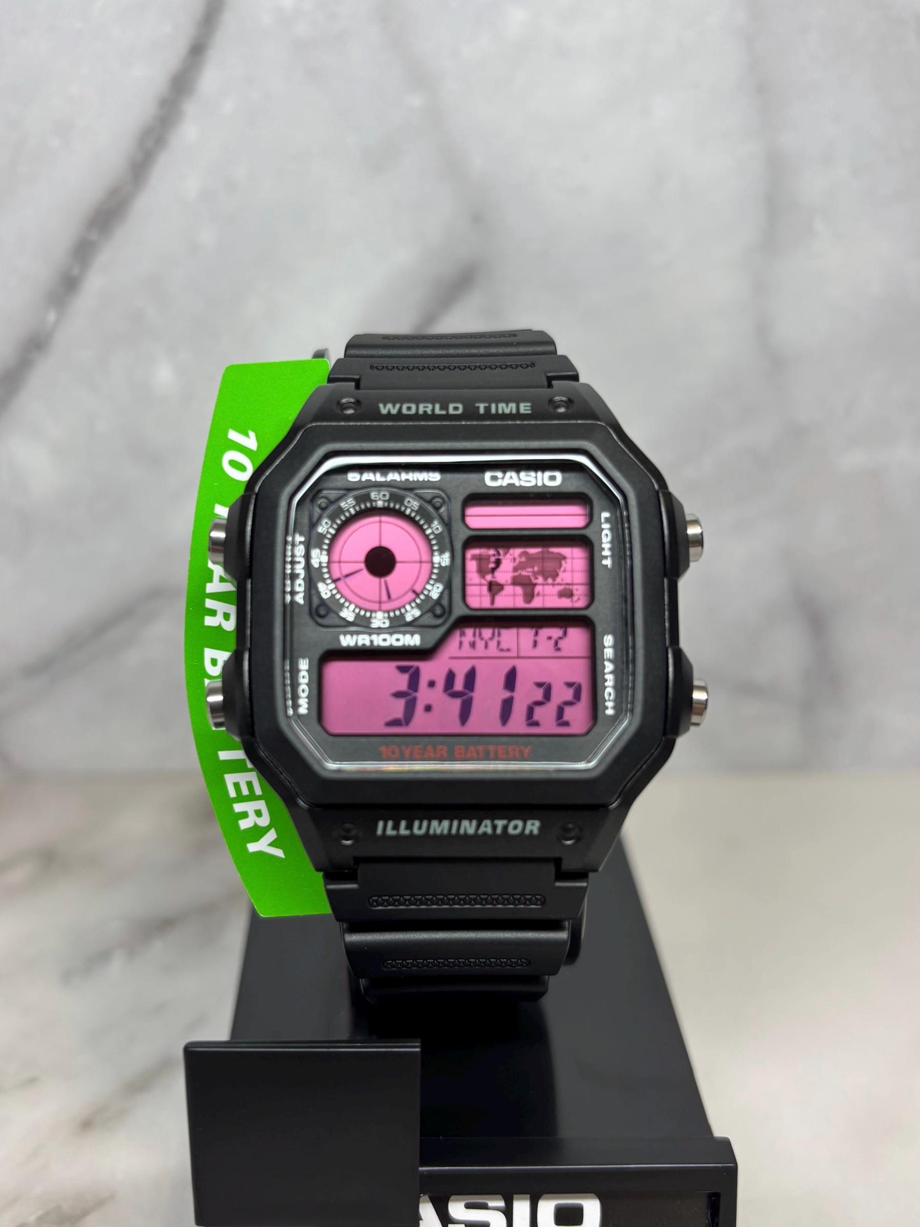 Casio Black and Pink Digital Timepiece #161 Casio World Time AE-1200WH Custom Watch Casio Royale Mod All  main image 4