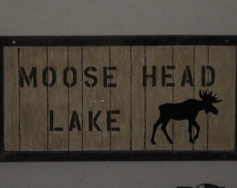 Old Cedar Wood " Moose Head Lake "  Sign with Moose, handmade by my Husband , 35 3/4" X 17 3/4"