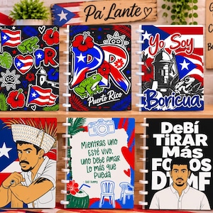 May include: Six spiral-bound notebooks featuring Puerto Rican cultural themes, including the flag, a coqui frog, hibiscus flowers, and illustrations of Bad Bunny. The covers display text such as Yo Soy Boricua, Pa' Lante, and song lyrics.