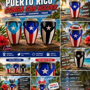 May include: A set of 3D printed conga drum-shaped can holders featuring the Puerto Rican flag design in light blue, blue, and black color variations. Each holder includes a tan top rim and silver-colored hardware details, designed to fit standard 12oz cans.