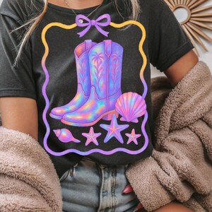 Bottes de cowgirl côtières - Design irisé - bottes et coquillages - bottes de cowgirl girly - PNG - téléchargement immédiat