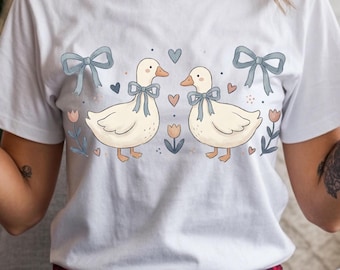 Oie des champs mignonne PNG | Clipart ferme primitive preppy | Noeuds bleus coquette | Art populaire vintage des années 80 | Conception par sublimation | Numérique
