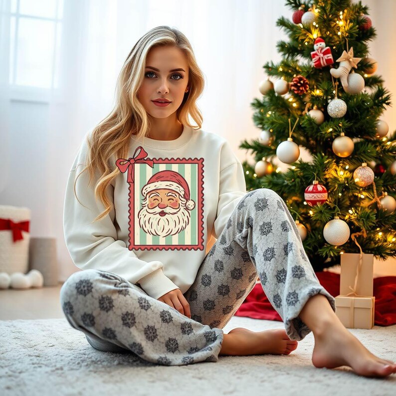 May include: Cream-colored Christmas sweatshirt with a Santa Claus graphic, paired with gray snowflake-patterned pajama pants. A red bow accents the top left of the Santa graphic. The scene includes a decorated Christmas tree.