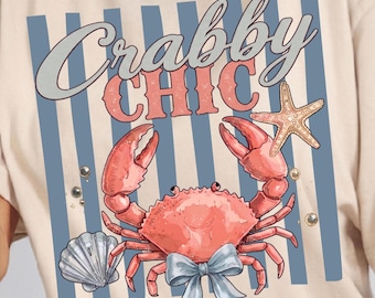 Crabby Chic PNG, conception de crabe coquette, graphique de plage de cow-girl côtière, crabe aquarelle avec noeud PNG, téléchargement numérique esthétique d'été