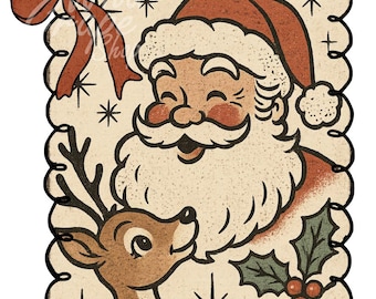 Retro Santa Claus & Reindeer PNG – Vintage Christmas Coquette Bow, Rustic Holiday Frame Design, Nostalgic Christmas Sublimation for Shirts