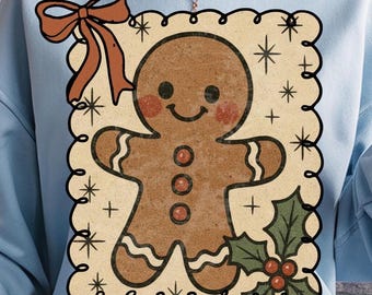 Vintage Gingerbread Man PNG | Retro Christmas Cookie Clipart | Distressed Holiday Gingerbread Cookie with Bow & Holly | Cute Christmas PNG
