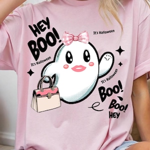 Hey Boo, It's Halloween - Funny Ghost met een roze strik, portemonnee en lippenstift - Girly Ghost - PNG - instant download - originele ontwerper