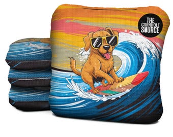 Surfing Dog Design - Professional Cornhole Bags | Choose Speeds | Laser Cut - CNC Sewn | Slick and Stick | Regulation Size & Weight
