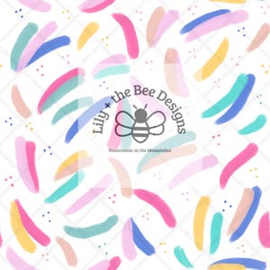 May include: A seamless pattern featuring colourful abstract brushstrokes in shades of pink, blue, yellow, and green on a white background. The pattern is repeated throughout the image. The text "Lily + the Bee Designs" and "Handmade in the Mountains" is also included in the image.