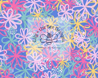 以下が含まれることがあります： 青い背景に、ピンク、黄色、ターコイズのスタイリッシュな花が描かれたシームレスなパターン。花は白で縁取られ、ドット模様になっています。画像の中央には「Lily + the Bee Designs」というテキストがあります。