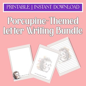 Paquete de papelería y tarjetas de Puercoespín / Carta A4 / Papel imprimible, tarjetas de felicitación, sobres / Lindo juego de escritura de animales para cualquier ocasión