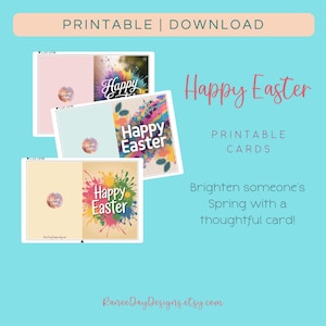 Op de afbeelding: Printbare Happy Easter-kaarten met kleurrijke verfspattenontwerpen. De kaarten zijn klaar om uit te knippen en te geven als een attent cadeau.