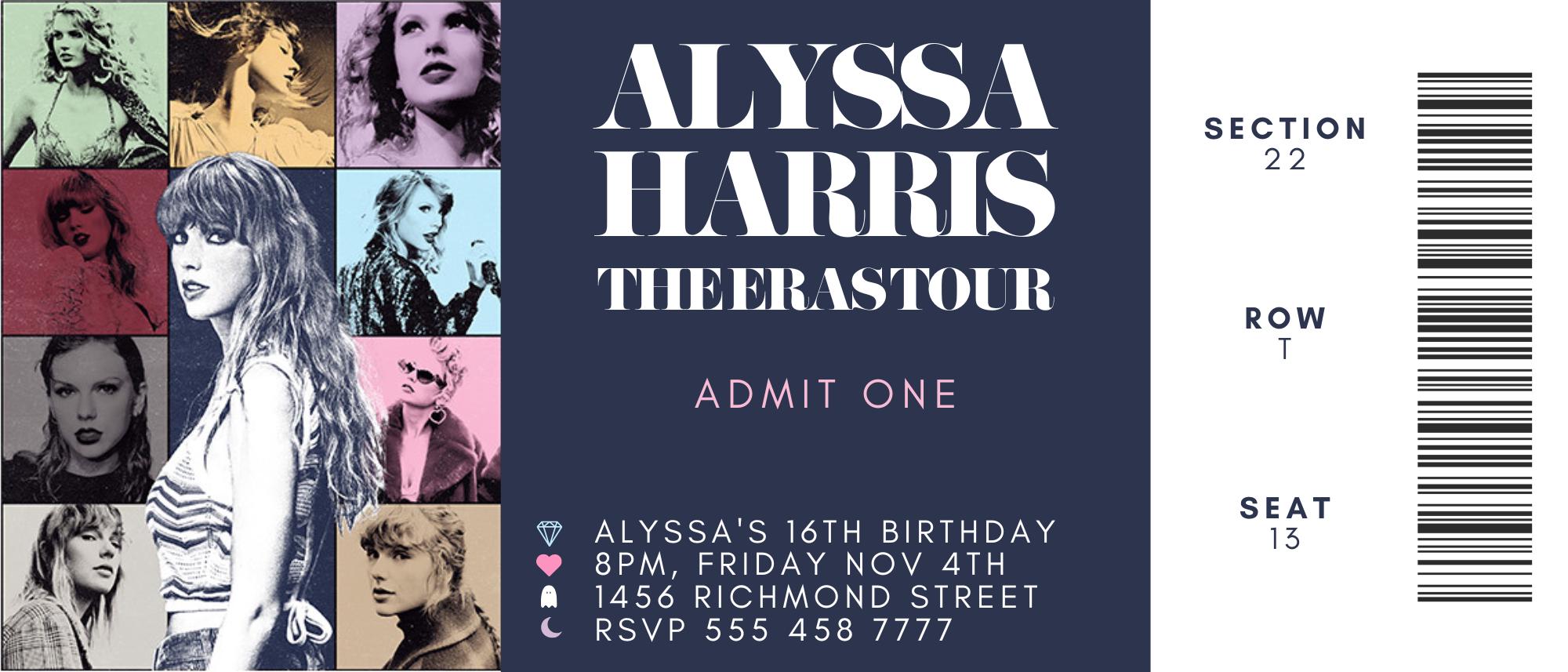 Editable Taylor Swift Eras Tour Ticket-themed Birthday Party ...