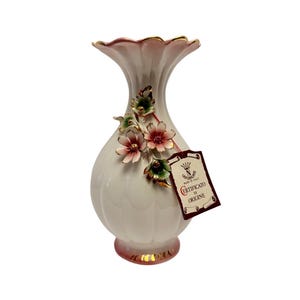 Vintage Capodimonte 10” Tall Porcelain Vase with Applied Flowers w/Tag Italy.