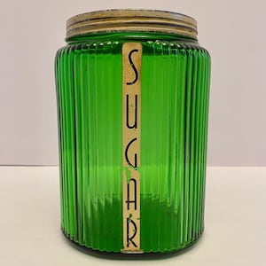 Vintage 1930’s Owens-Illinois 8” Tall Green Glass Sugar Canister with Label.
