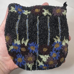Antique Micro Beaded Victorian Multi Colored Floral Drawstring Handbag Purse