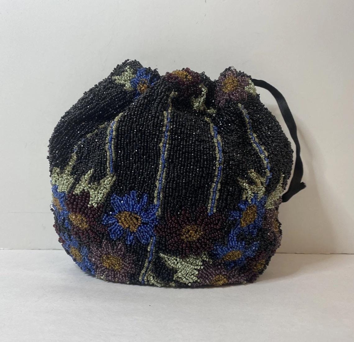 Antique Micro Beaded Victorian Multi Colored Floral Drawstring Handbag ...