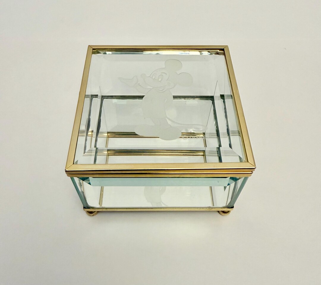 VTG Mickey Mouse Etched Glass Mirror Gold Tone Jewelry Trinket Box