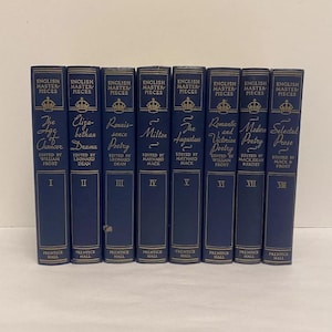 May include: A set of eight blue hardcover books with gold lettering. The books are titled "The Age of Chancer", "Elizabethen Drama", "Renaisance Poetry", "Milton", "The Augustan", "Romantic and Victorian Poetry", "Modern Poetry", and "Selected Prose". Each book has a Roman numeral on the spine indicating its volume number.