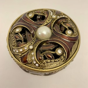 Heirloom Brass Enamel Embellished Trinket/Pill Box & Lid Faux Pearl Rhinestone