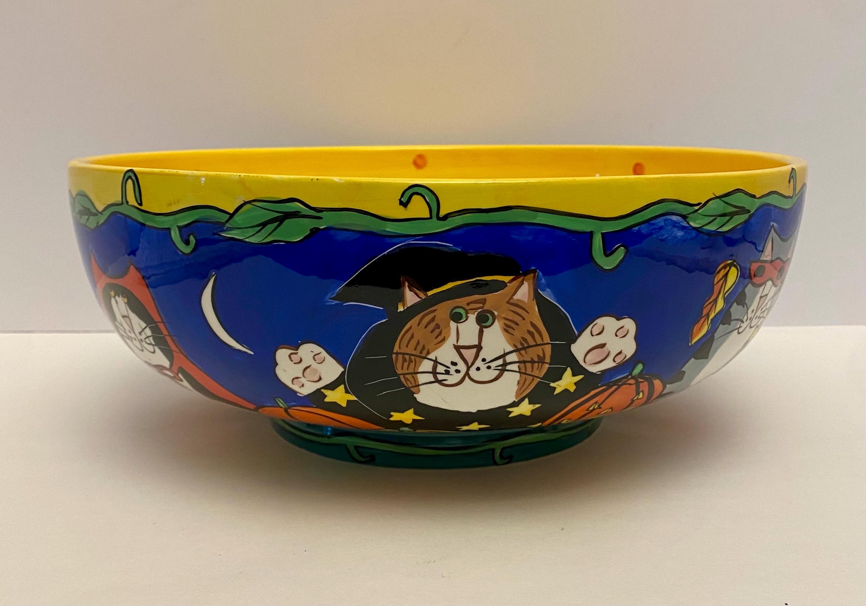 CAT　重機イラスト入りガラス灰皿　キャタピラー Catzilla Colorful Cat Themed Halloween 12” Bowl by Candace Reiter